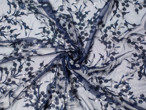 Minerva Core Range Flores Sequin Lace Fabric Navy Blue