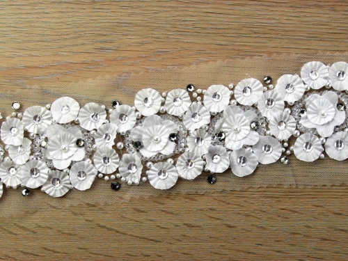 Flower Beaded Lace Trim White