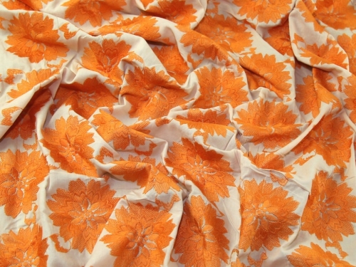 Deadstock Embroidered Cotton Lawn Fabric Orange on Beige