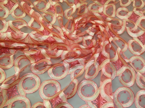 Deadstock Embroidered Lace Fabric Coral