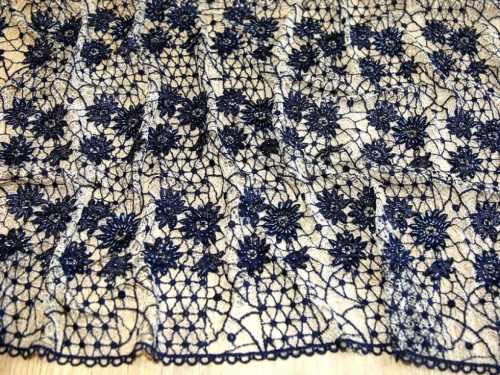 Deadstock Beaded Embroidered Tulle Lace Fabric Navy Blue