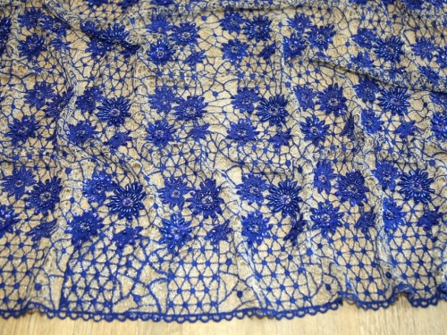 Deadstock Beaded Embroidered Tulle Lace Fabric Royal Blue