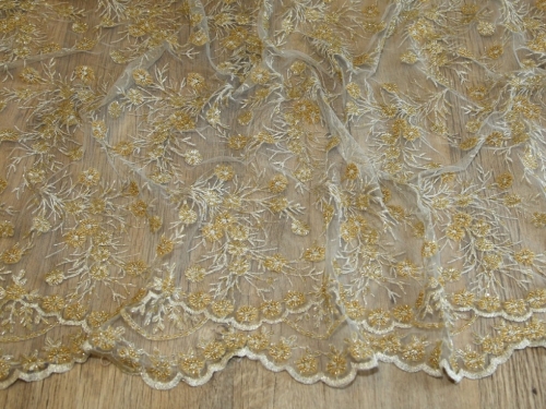 Deadstock Beaded Embroidered Tulle Lace Fabric Gold