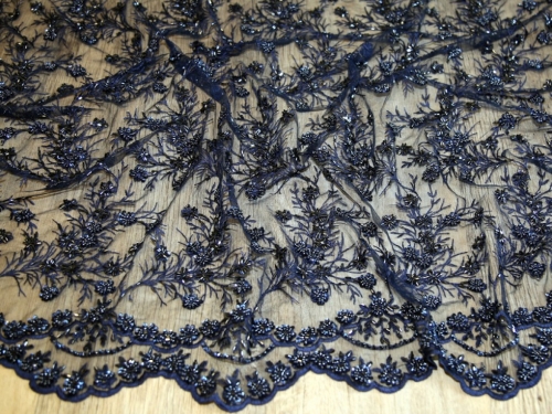 Deadstock Beaded Embroidered Tulle Lace Fabric Navy Blue