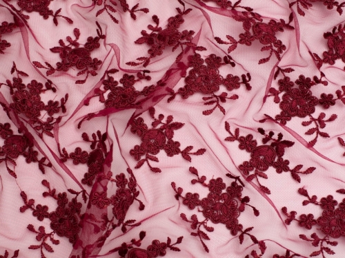 Minerva Core Range Embroidered Tulle Lace Fabric Burgundy