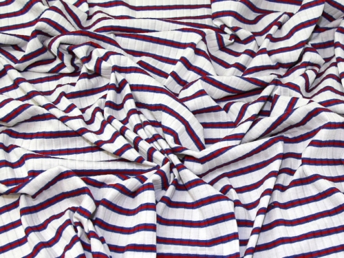 Deadstock Polyester Rib Stretch Knit Fabric Ivory & Red/Blue