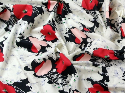 Cotton Lawn Fabric Black Red Cream
