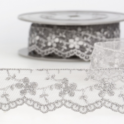 Stephanoise Embroidery Tulle Lace Trim Light Grey