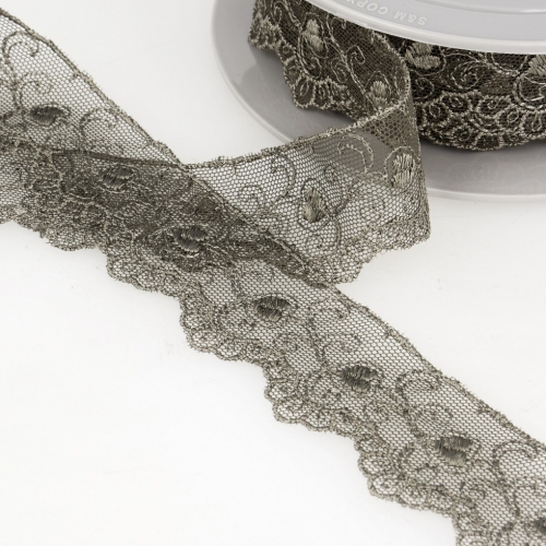 Stephanoise Embroidery Tulle Lace Trim Dark Grey