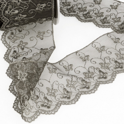 Stephanoise Embroidery Tulle Lace Trim Dark Grey