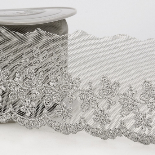 Stephanoise Embroidery Tulle Lace Trim Light Grey