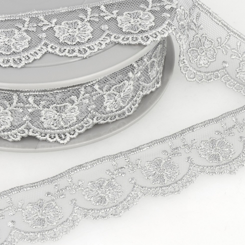Stephanoise Embroidery Tulle Lace Trim Light Grey