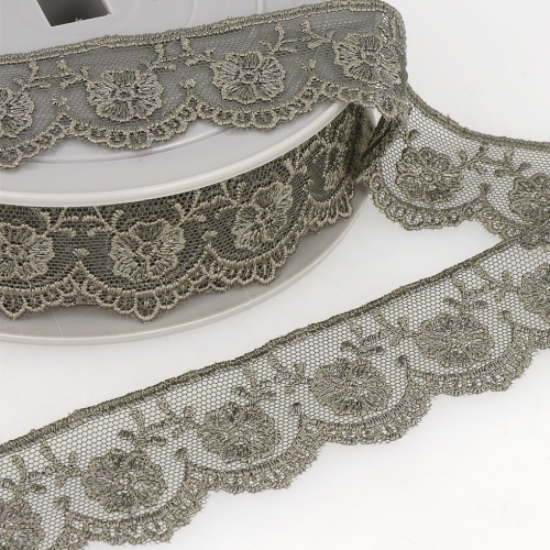 Stephanoise Embroidery Tulle Lace Trim Dark Grey