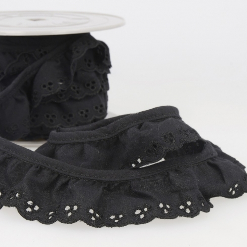 Stephanoise Broderie Anglaise Gathered Lace Trim Black