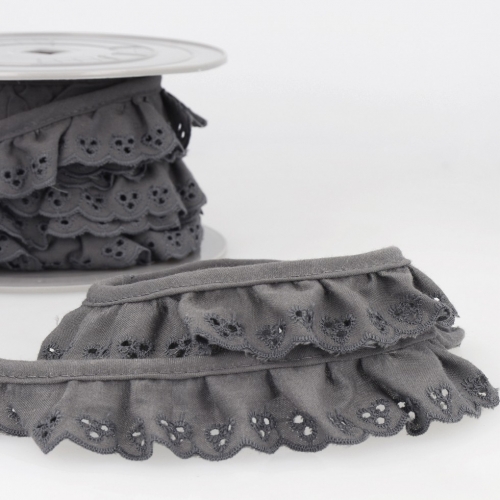 Stephanoise Broderie Anglaise Gathered Lace Trim Dark Grey