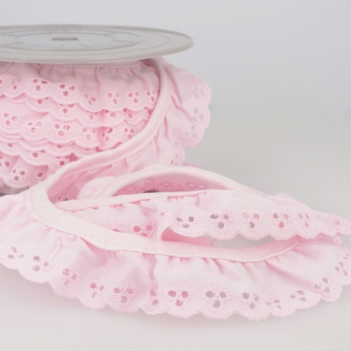 Stephanoise Broderie Anglaise Gathered Lace Trim Pink