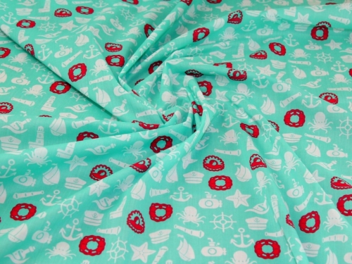 Printed Polycotton Fabric Aqua & Red