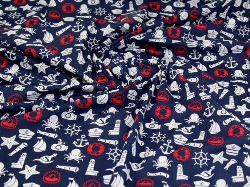 Printed Polycotton Fabric Navy & Red