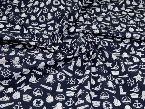 Printed Polycotton Fabric Navy & White