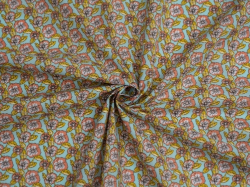Printed Polycotton Fabric Coral & Turquoise