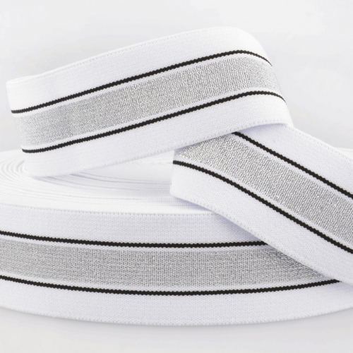 Stephanoise Metallic Stripe Flat Elastic White Silver Black