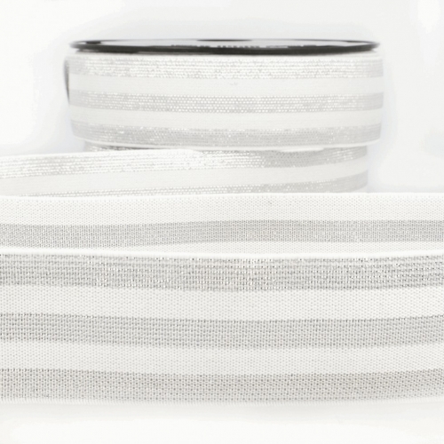 Stephanoise Metallic Stripe Flat Elastic White & Silver
