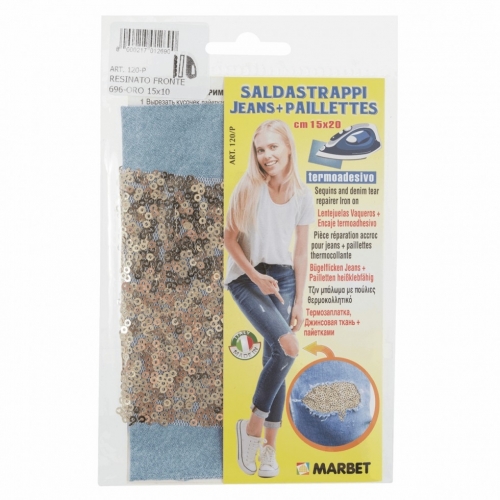 Marbet Iron On Denim Patch with Sequins Light Blue & Gold