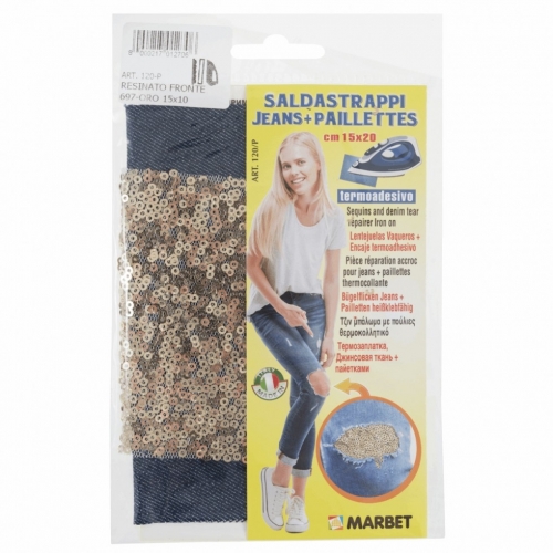 Marbet Iron On Denim Patch with Sequins Blue & Gold