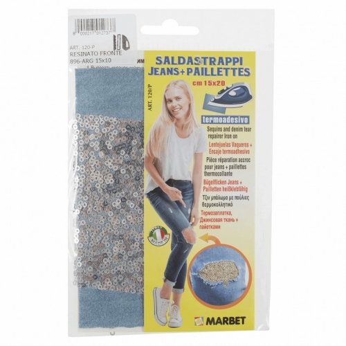 Marbet Iron On Denim Patch with Sequins Light Blue & Silver