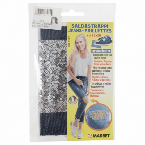 Marbet Iron On Denim Patch with Sequins Blue & Silver