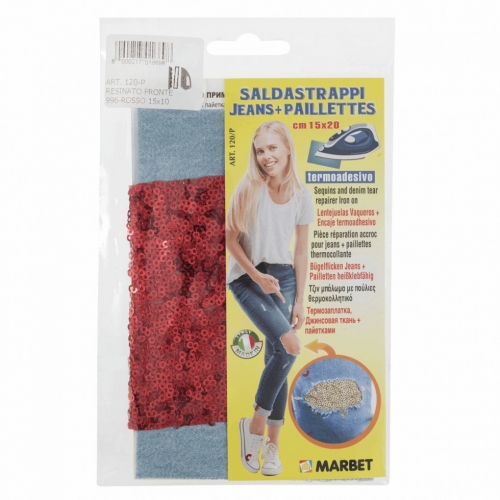 Marbet Iron On Denim Patch with Sequins Light Blue & Red