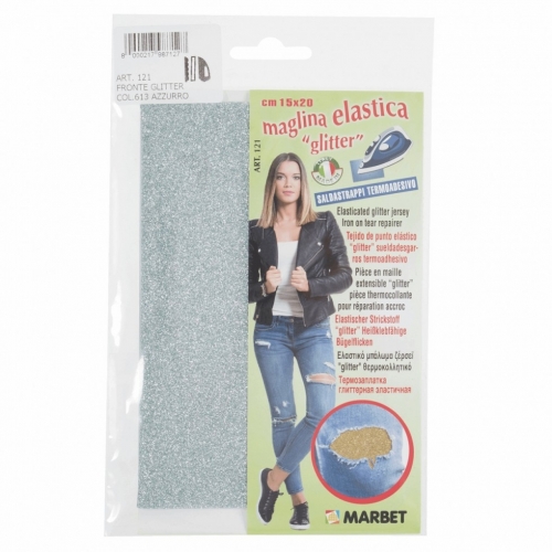Marbet Iron On Adhesive Back Stretch Jersey Glitter Fabric Light Blue