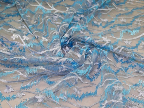 Deadstock Embroidered Lace Tulle Fabric Light Blue