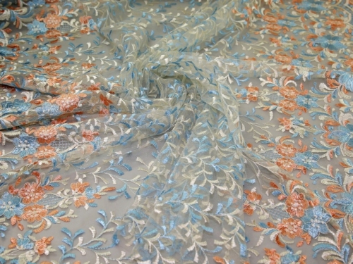 Deadstock Embroidered Lace Tulle Fabric Salmon
