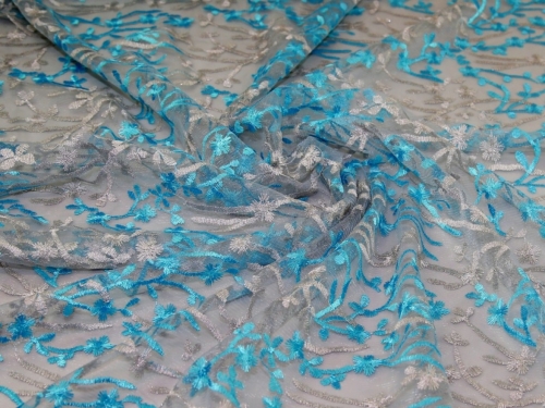 Deadstock Embroidered Lace Tulle Fabric Sky