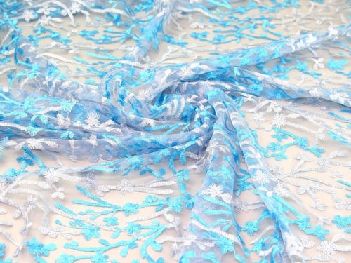 Deadstock Embroidered Lace Tulle Fabric Turquoise