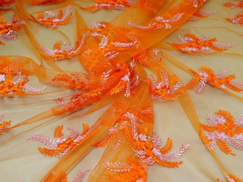 Deadstock Embroidered Lace Tulle Fabric Orange