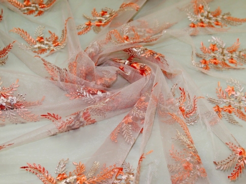 Deadstock Embroidered Lace Tulle Fabric Peach