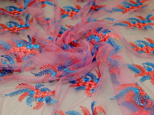 Deadstock Embroidered Lace Tulle Fabric Pink