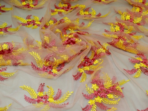 Deadstock Embroidered Lace Tulle Fabric Yellow