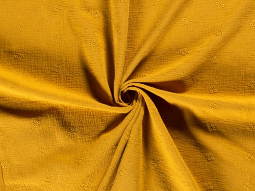 Embroidered Crinkle Textured Cotton Fabric Mustard