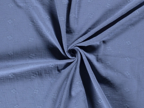 Embroidered Crinkle Textured Cotton Fabric Denim Blue