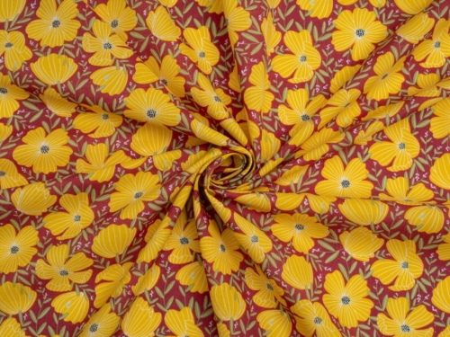 Printed Polycotton Fabric Wine & Yellow