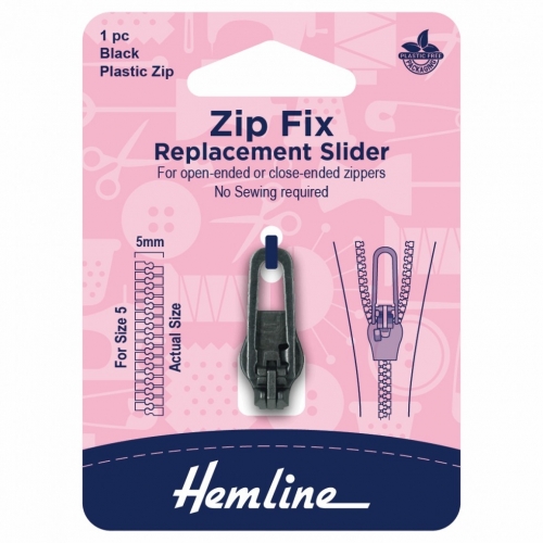 Hemline Zip Fix Replacement Slider For Plastic Black
