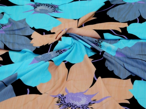 Minerva Exclusive Bountiful Blooms Viscose Challis POD Fabric Aqua