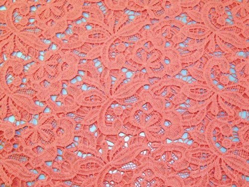 Deadstock Embroidered Lace Fabric Bright Coral