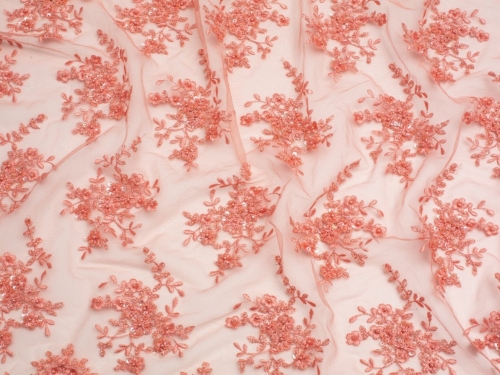 Minerva Core Range Beaded Embroidered Tulle Lace Fabric Coral
