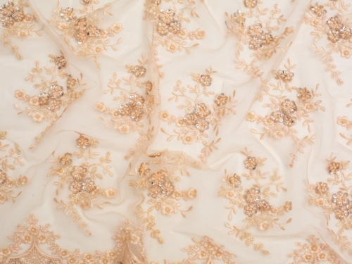Minerva Core Range Beaded Embroidered Tulle Lace Fabric Peach
