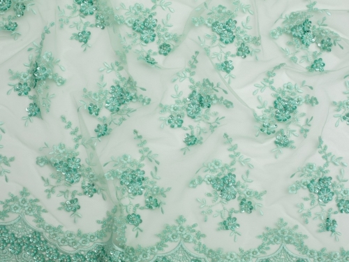 Minerva Core Range Beaded Embroidered Tulle Lace Fabric Turquoise